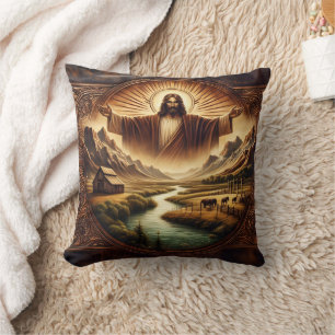 Jesus in majestätischer Landschaft bei Sonnenaufga Kissen