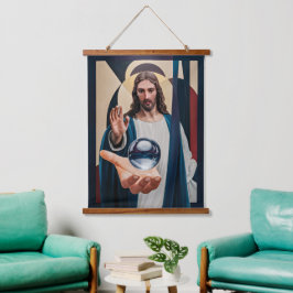 Jesus in neokubistischer Elegance Modernes Abstrak Wandteppich Mit Holzrahmen