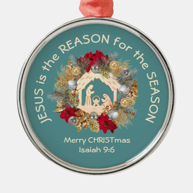 JESUS IST DER GRUND FÜR blaues Weihnachten Ornament Aus Metall (Vorne)