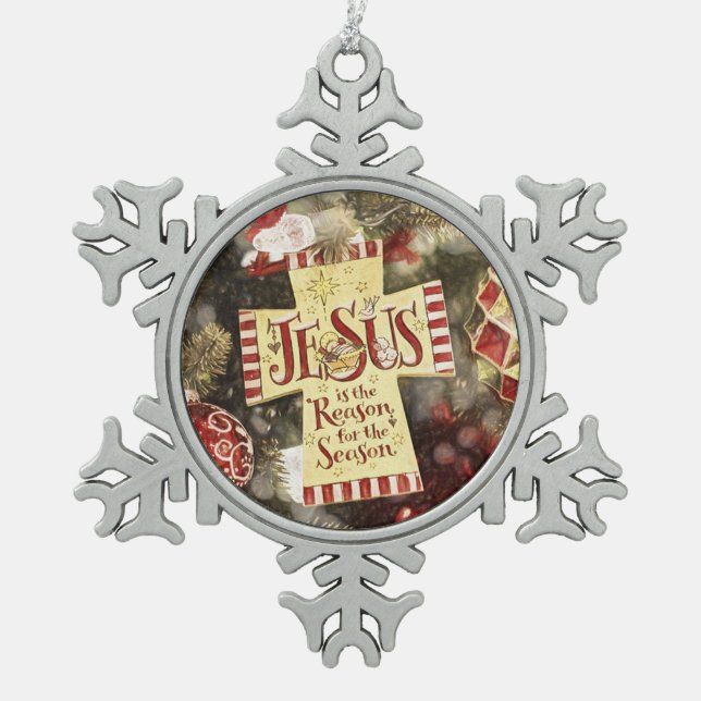 Jesus ist der Grund für die Saison Schneeflocken Zinn-Ornament (Vorderseite)