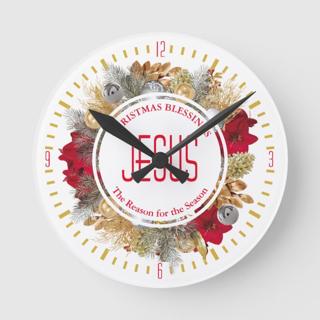 JESUS IST DER GRUND, warum Weihnachts-Segen-Kranz Runde Wanduhr (Vorderseite)