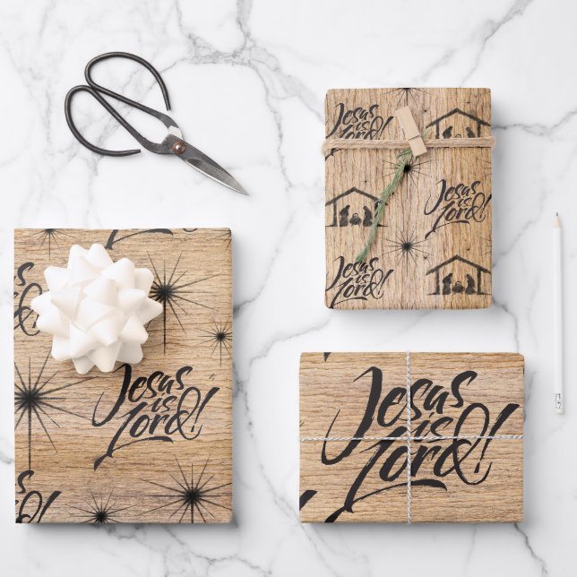 Jesus ist Lord Christmas Christlich Nativod Wood Geschenkpapier Set (Vorderseite)