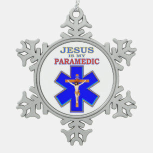 JESUS IST MEIN PARAMEDIC SCHNEEFLOCKEN Zinn-Ornament