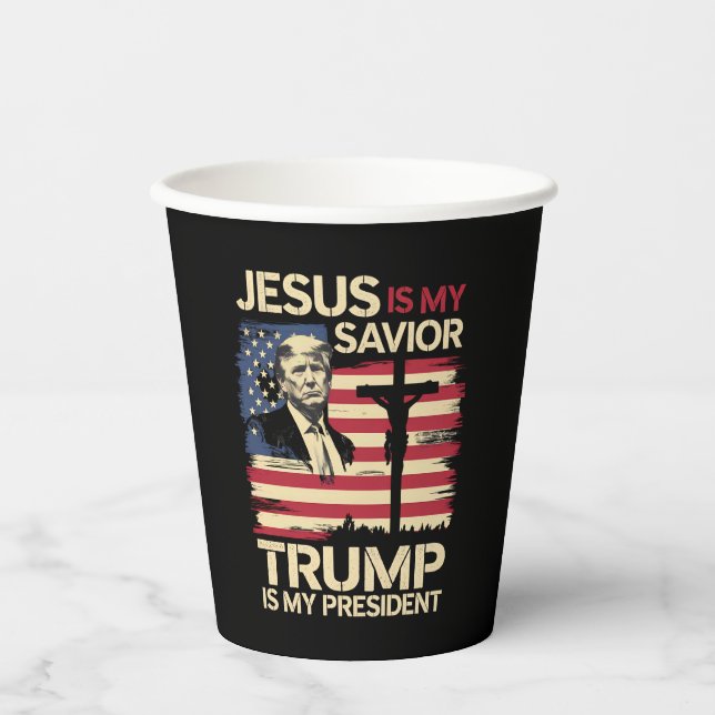 Jesus ist mein Retter Trump ist mein Präsident USA Pappbecher (Vorderseite)