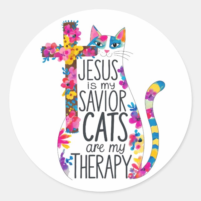 Jesus ist meine Retter Katzen sind meine Therapie  Runder Aufkleber (Vorderseite)