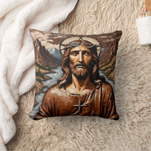 Jesus ist umgeben von Bergen und Wasserstraße Kissen