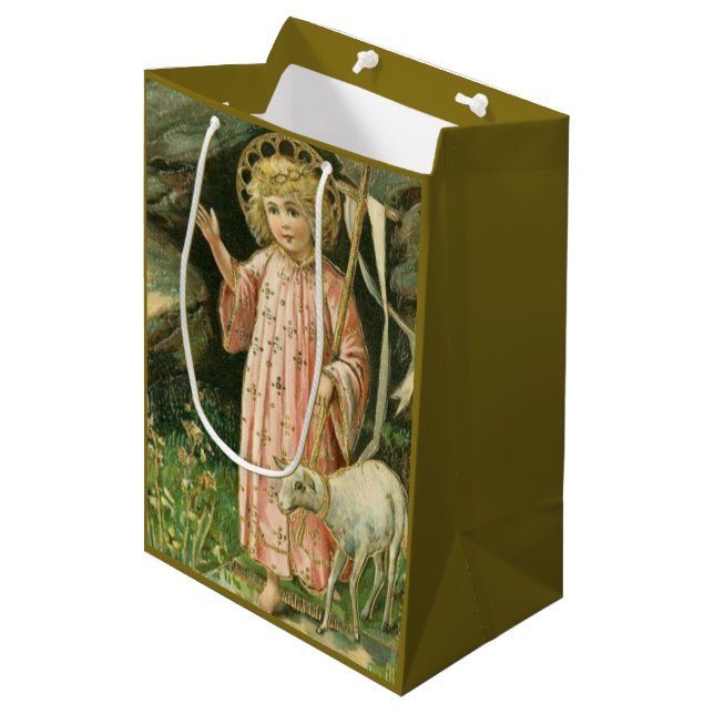 Jesus-Jungen-Kinderkreuz-Lamm-Ostern-Blumen Mittlere Geschenktüte (Vorderseite Schrägansicht)