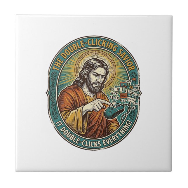 Jesus kaputte Doppelklick-Maus IT-Büro-Technik  Fliese (Vorderseite)