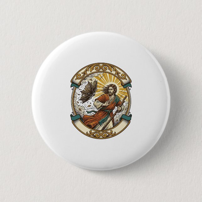Jesus kaputter Regenschirm umgeblasen Windiger Stu Button (Vorderseite)