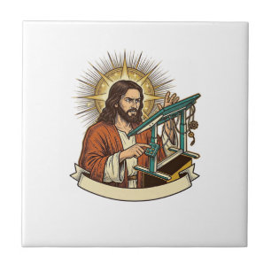 Jesus kaputter Stehschreibtisch steckt auf halbem Fliese