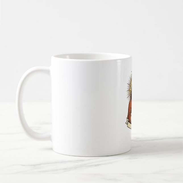 Jesus kaputter Stehschreibtisch steckt auf halbem  Kaffeetasse (Links)