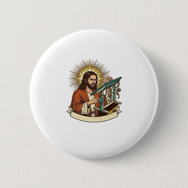 Jesus kaputter Stehschreibtisch steckt halb im Bür Button (Vorderseite)