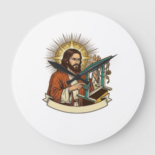 Jesus kaputter Stehschreibtisch steckt halb im Bür Große Wanduhr