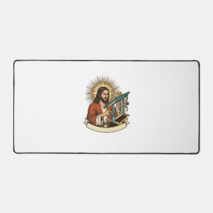 Jesus kaputter Stehschreibtisch steckt halb im Bür Schreibtischunterlage