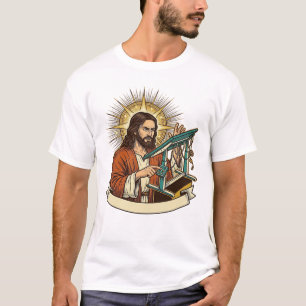 Jesus kaputter Stehschreibtisch steckt halb im Bür T-Shirt