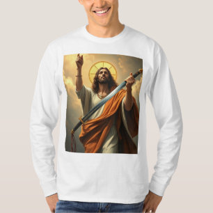 Jesus kehrt mit einem Schwert-T-Shirt des Menschen T-Shirt