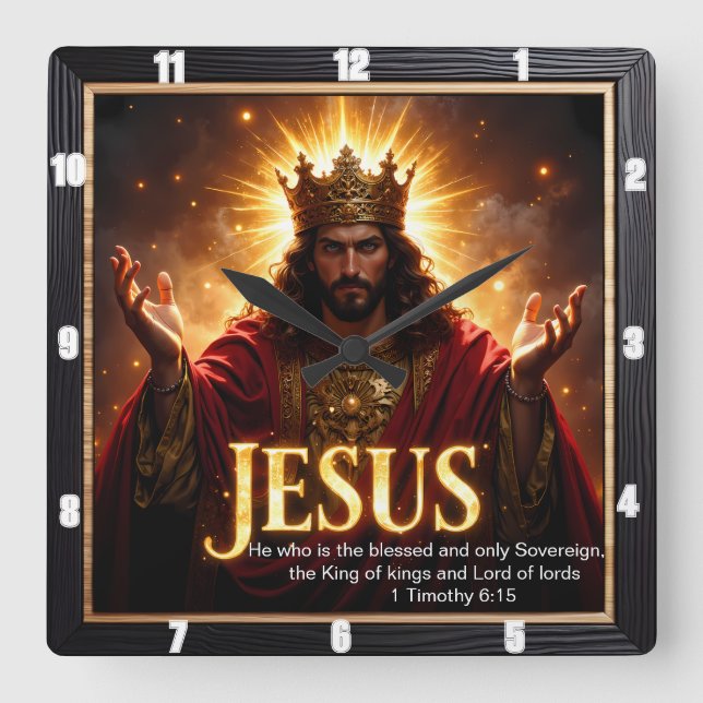 Jesus King Crown Robe Sovereign Glory  Quadratische Wanduhr (Vorderseite)