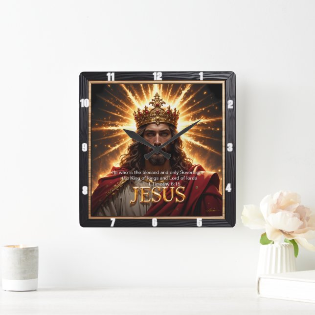 Jesus King Crown Sovereign Glory Sunburst Quadratische Wanduhr (Zuhause)
