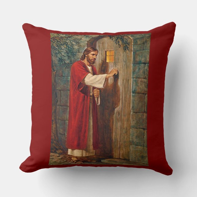 Jesus klopft auf der Tür mit vollem Vers Kissen (Vorderseite)
