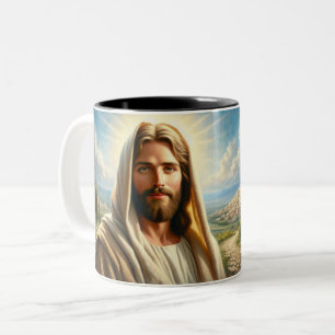 Jesus lächelt unter einem Himmlischen Himmel Zweifarbige Tasse