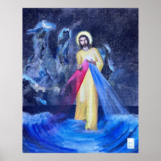Jesus läuft mit Säulen der Schöpfung auf dem Wasse Poster (Vorne)