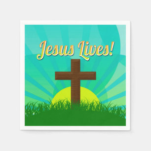 Jesus lebt blau/braun Christliches Osterkreuz Serviette