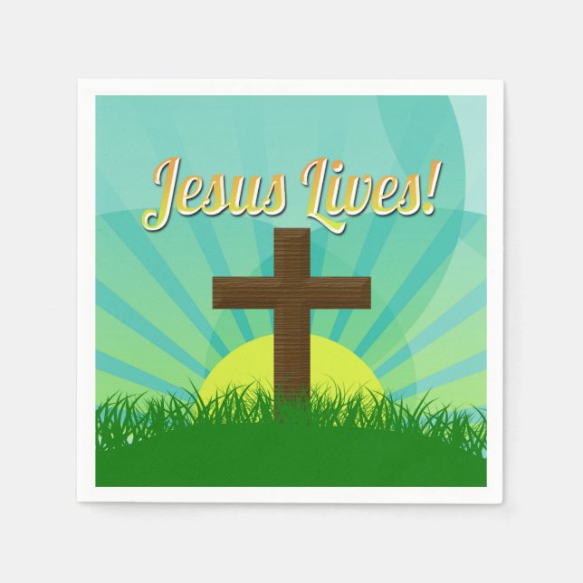 Jesus lebt blau/braun Christliches Osterkreuz Serviette (Vorderseite)