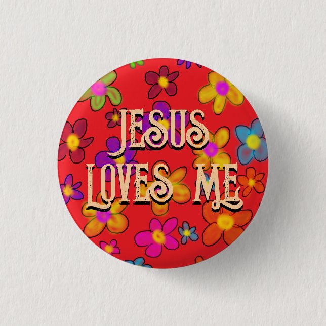 Jesus Liebe Me Retro Blume Muster rot Button (Vorderseite)