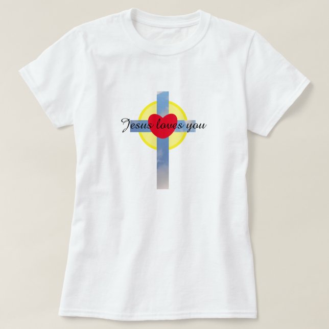 Jesus Lieben Sie wolkig blaues Kreuz Sonnenschein  T-Shirt (Design vorne)