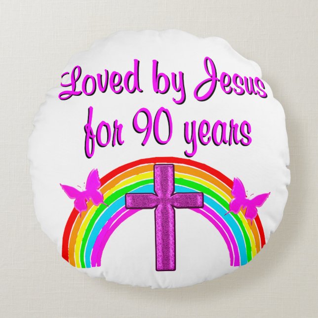 JESUS LIEBT 90. GEBURTSTAG RUNDES KISSEN (Vorderseite)