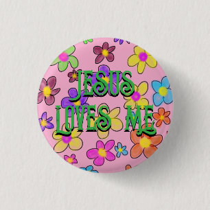 Jesus liebt mich süßes Retro-Blumenmuster  Button