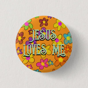 Jesus liebt mich süßes Retro-Blumenmuster Orange Button