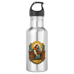 Jesus ließ den Stift hinter dem schweren Schreibti Edelstahlflasche