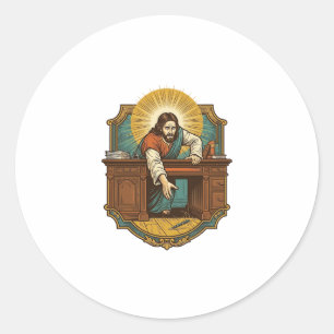 Jesus ließ den Stift hinter dem schweren Schreibti Runder Aufkleber