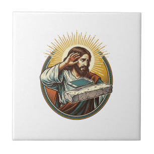 Jesus ließ Telefon Gesicht flach Beton Panik Bilds Fliese