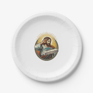 Jesus ließ Telefon Gesicht flach Beton Panik Bilds Pappteller