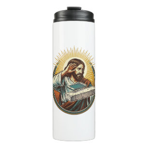 Jesus ließ Telefon Gesicht flach Beton Panik Bilds Thermosbecher