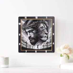 Jesus Lion Cross Faith Quadratische Wanduhr