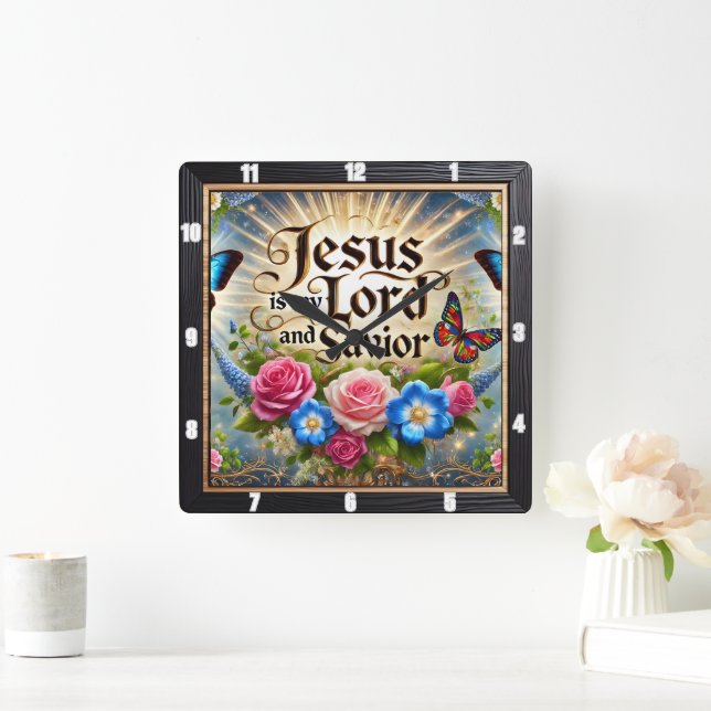 Jesus Lord Savior Floral Butterflies Quadratische Wanduhr (Zuhause)