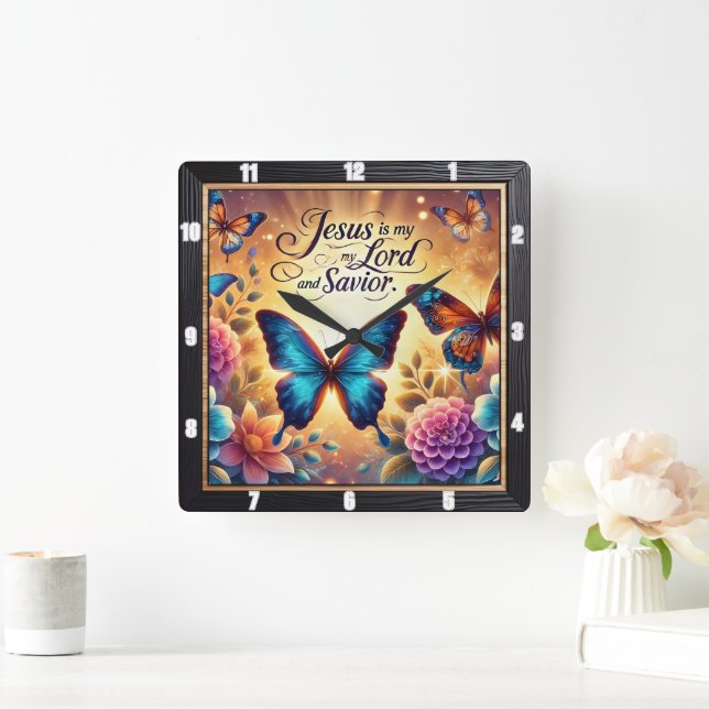 Jesus Lord Savior Golden Butterfets Quadratische Wanduhr (Zuhause)