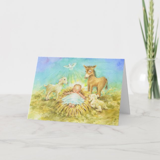 Jesus Manger Avec Animaux Carte de voeux de Noël (Devant)