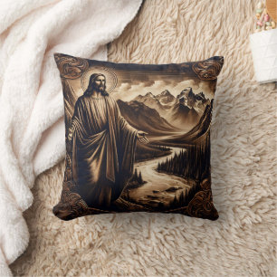 Jesus mit ausgestreckten Armen in der Bergwelt Kissen