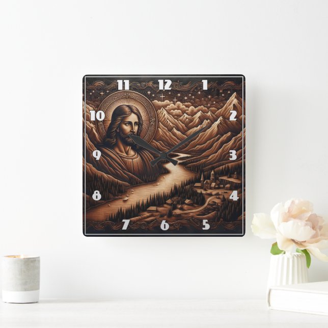 Jesus mit Blick auf das Serengebirge Landschaft Quadratische Wanduhr (Zuhause)