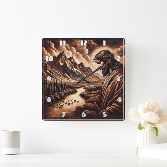 Jesus mit Blick auf die Friedliche Flusslandschaft Quadratische Wanduhr (Zuhause)