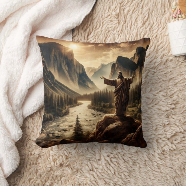 Jesus mit Blick auf die majestätische Bergwelt Kissen (Decke)