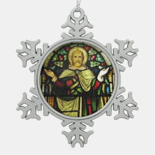 Jesus mit den Armen ausgestreckt Schneeflocken Zinn-Ornament