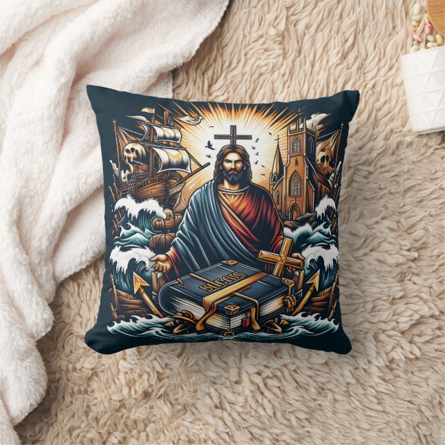 Jesus mit einem heiligen Buch in stürmischen Meere Kissen (Decke)