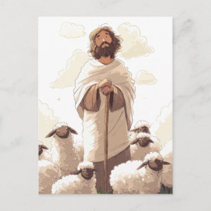 Jesus mit Hirtenstab umgeben von Lämmern Postkarte