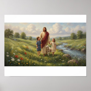 Jesus mit Kindern Christliche Wandkunst   Glaubens Poster