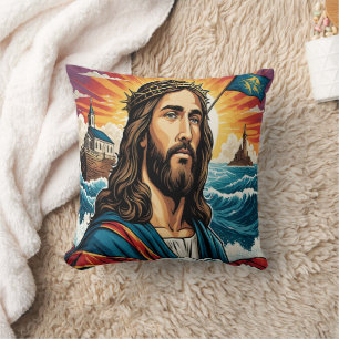Jesus mit Krone und Flagge inmitten stürmischer Me Kissen